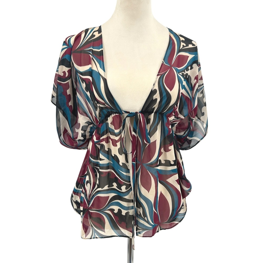 Sheer Tie Front Babydoll Top M Burgundy Teal Flowy‎ Deep V Going Out Y2K Indie